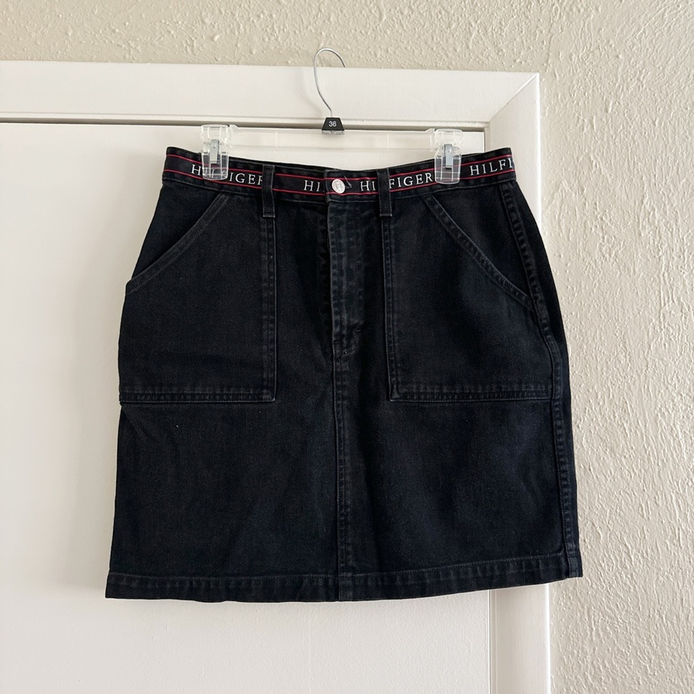 Vintage 90s Tommy Hilfiger Black Denim Mini Skirt Size 12 | Logo Waistband | Y2K